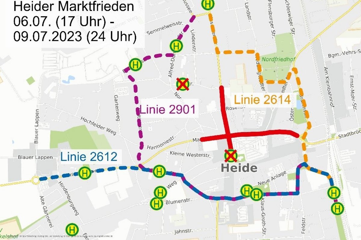 Heider Marktfrieden (6. bis 9. Juli 2023): Sperrungen der Heider Innenstadt  wirken sich auf den Bus-ÖPNV aus.