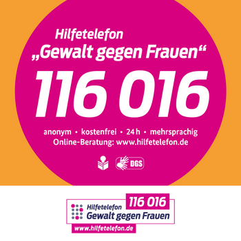 Logo Hilfetelefon: Gewalt gegen Frauen mit Rufnummer: 116 016